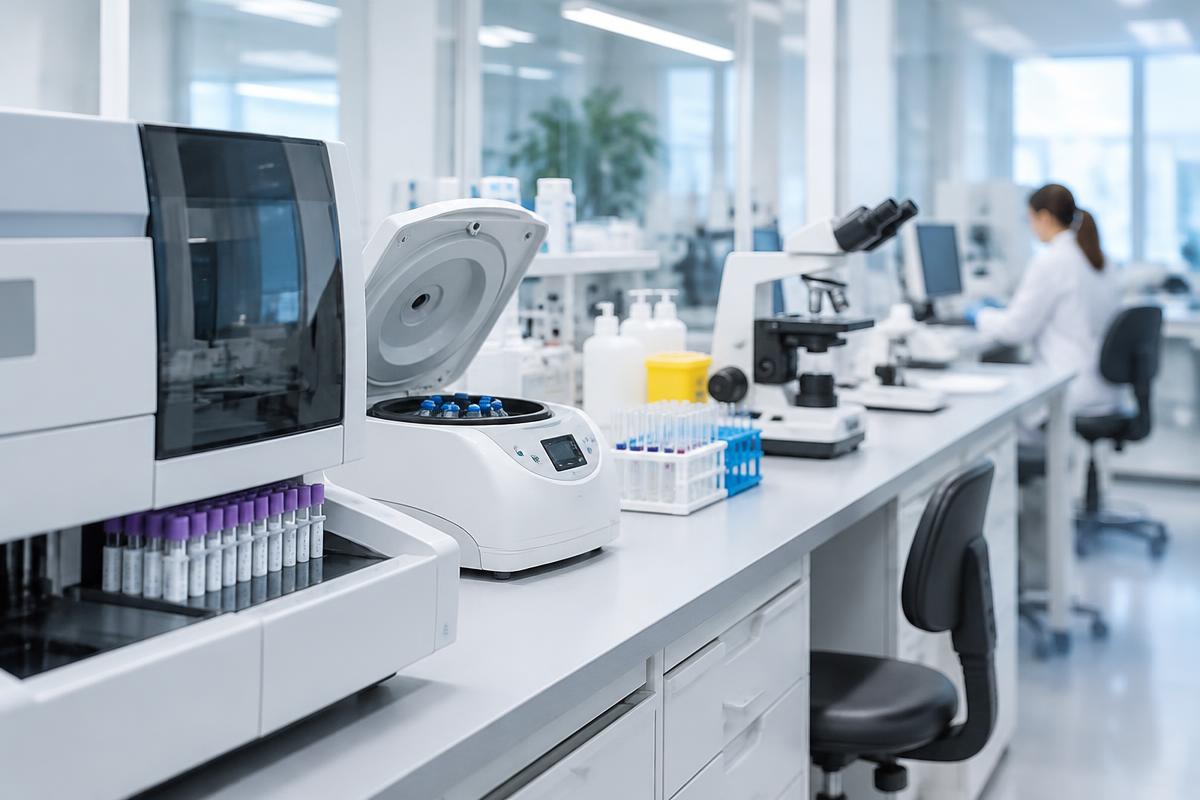 Clinical laboratory bench with analysers and microscopes