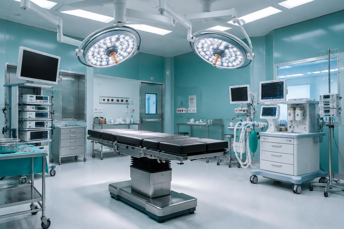 Modern operating theatre with surgical lights and table